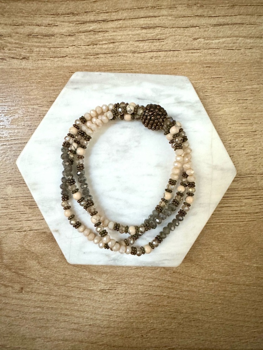 Multi-Strand Beaded Wrap Bracelet in Cream and Brown